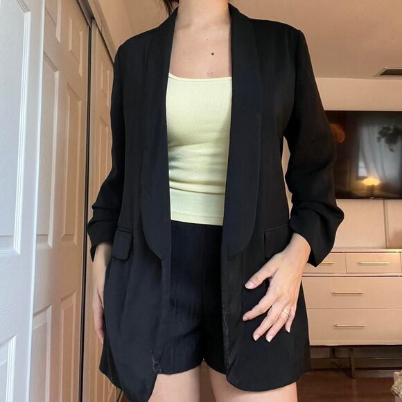 Doe & Rae Black Open Front Jacket Size L – 3/4 Sleeve with Sewn Cuff Detail - Picture 1 of 7